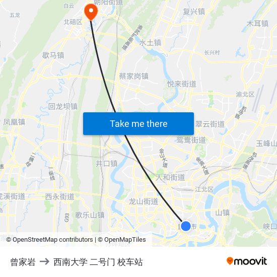 曾家岩 to 西南大学 二号门 校车站 map