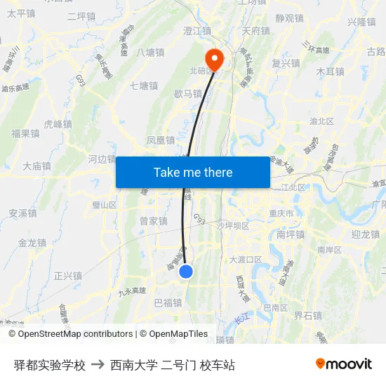 驿都实验学校 to 西南大学 二号门 校车站 map