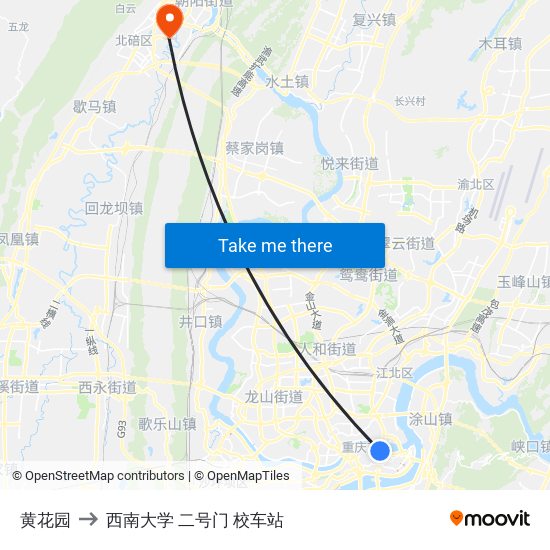 黄花园 to 西南大学 二号门 校车站 map