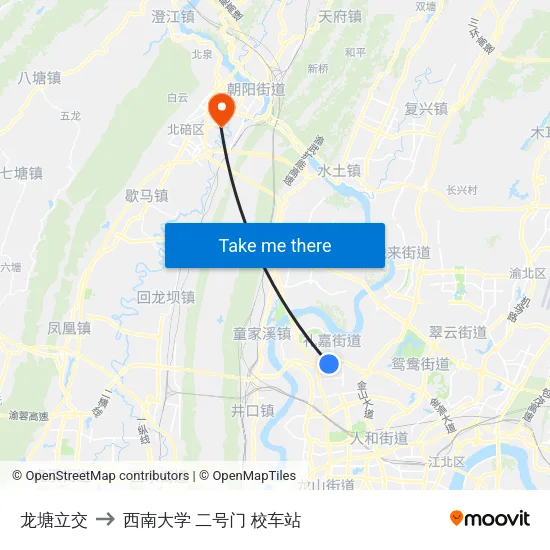 龙塘立交 to 西南大学 二号门 校车站 map