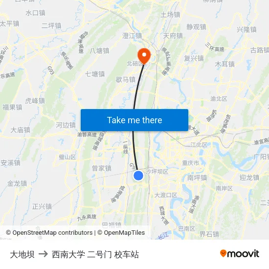 大地坝 to 西南大学 二号门 校车站 map