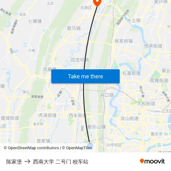 陈家堡 to 西南大学 二号门 校车站 map