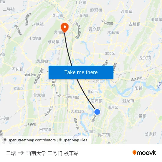 二塘 to 西南大学 二号门 校车站 map