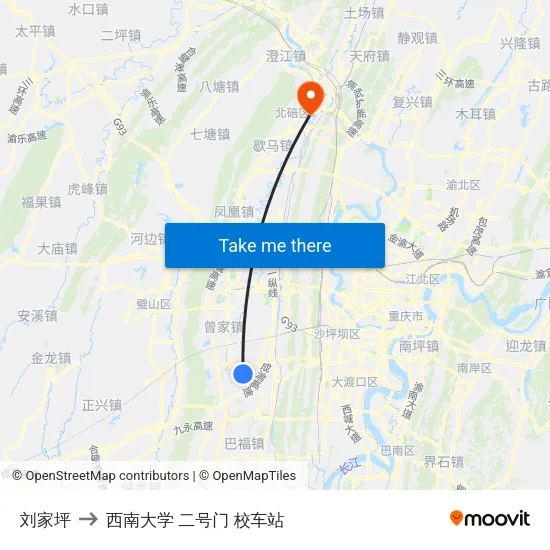 刘家坪 to 西南大学 二号门 校车站 map