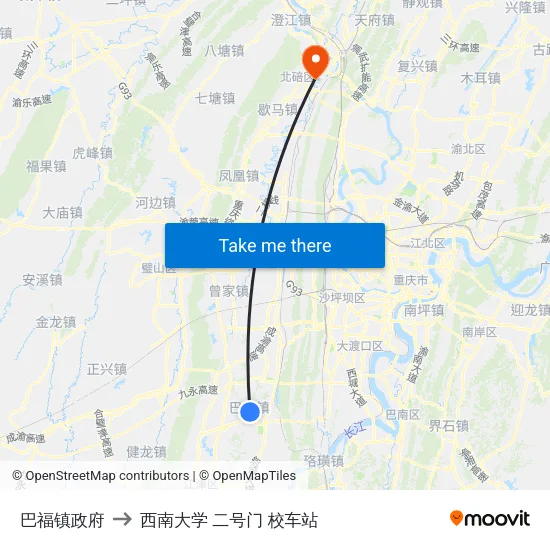 巴福镇政府 to 西南大学 二号门 校车站 map