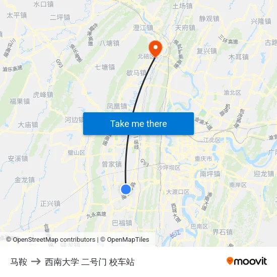 马鞍 to 西南大学 二号门 校车站 map