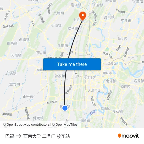 巴福 to 西南大学 二号门 校车站 map
