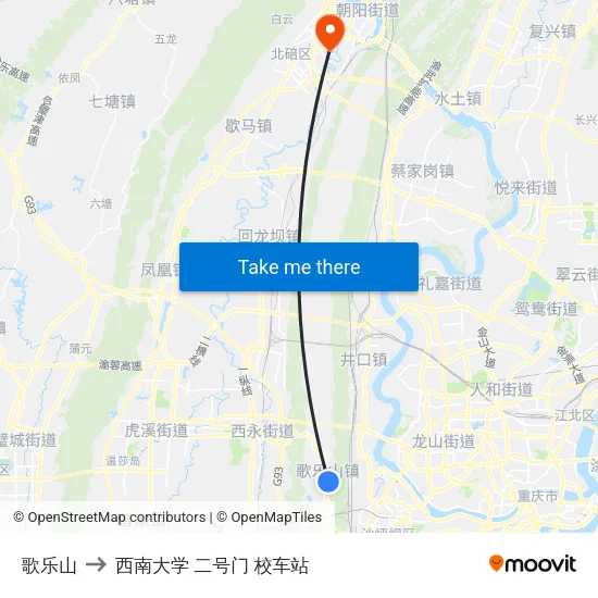 歌乐山 to 西南大学 二号门 校车站 map