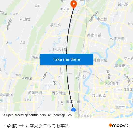 福利院 to 西南大学 二号门 校车站 map