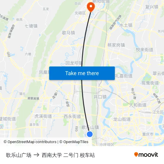 歌乐山广场 to 西南大学 二号门 校车站 map