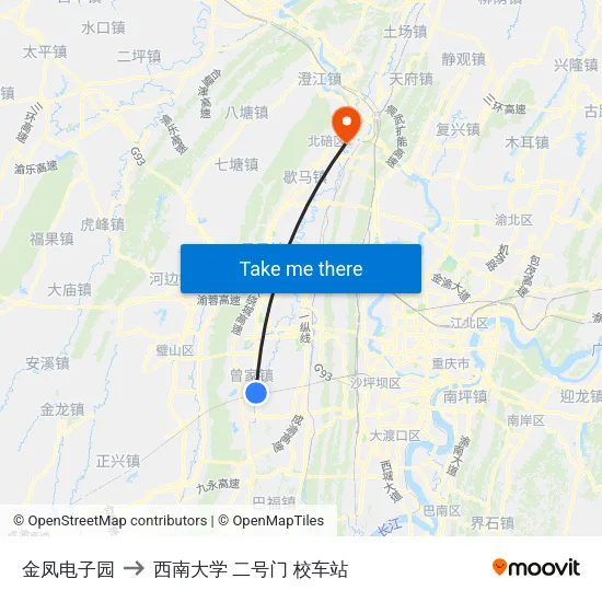 金凤电子园 to 西南大学 二号门 校车站 map