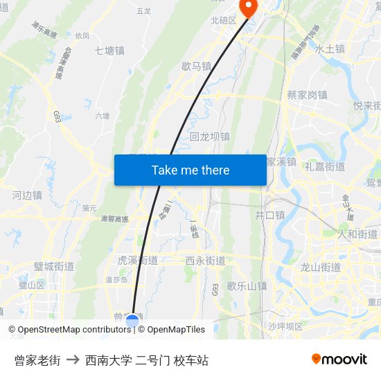 曾家老街 to 西南大学 二号门 校车站 map