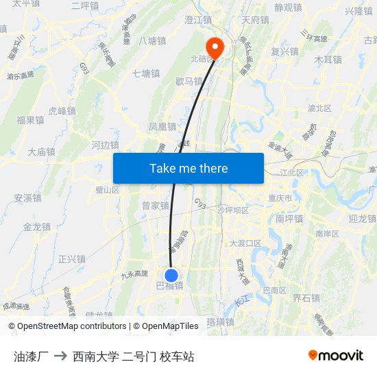 油漆厂 to 西南大学 二号门 校车站 map