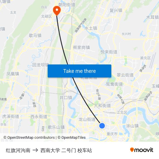 红旗河沟南 to 西南大学 二号门 校车站 map