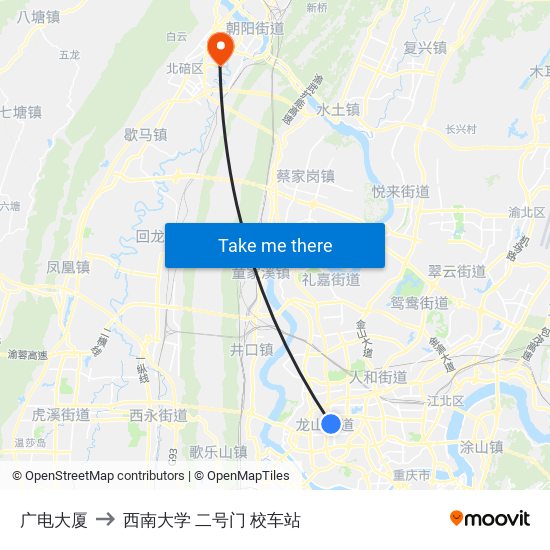 广电大厦 to 西南大学 二号门 校车站 map