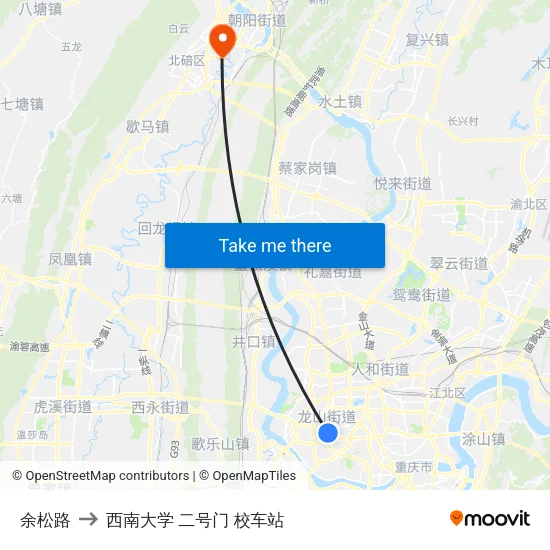 余松路 to 西南大学 二号门 校车站 map
