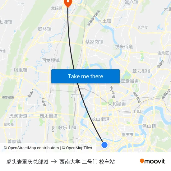 虎头岩重庆总部城 to 西南大学 二号门 校车站 map