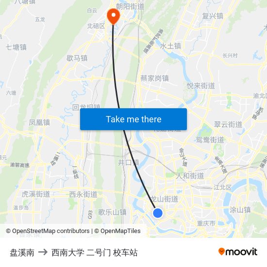 盘溪南 to 西南大学 二号门 校车站 map