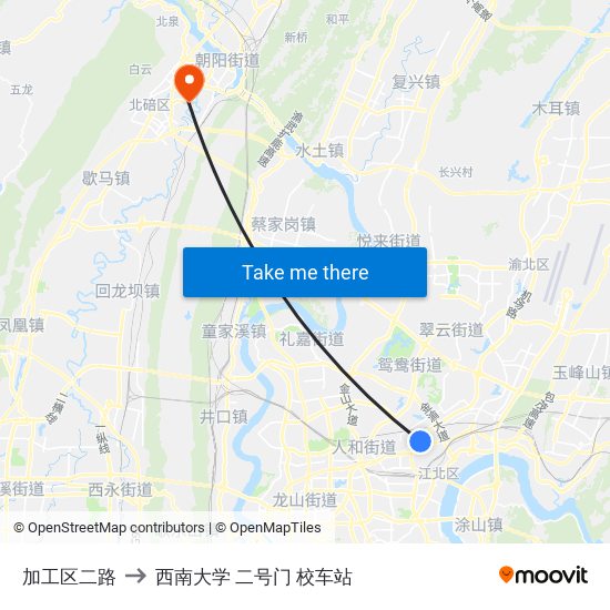 加工区二路 to 西南大学 二号门 校车站 map