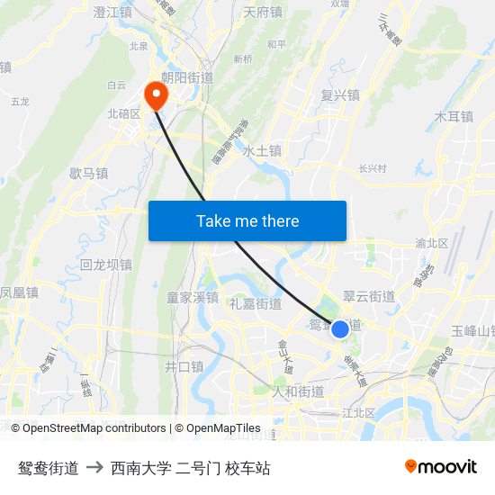 鸳鸯街道 to 西南大学 二号门 校车站 map