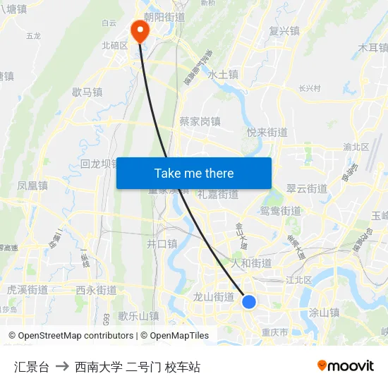 汇景台 to 西南大学 二号门 校车站 map