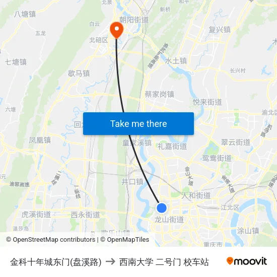 金科十年城东门(盘溪路) to 西南大学 二号门 校车站 map