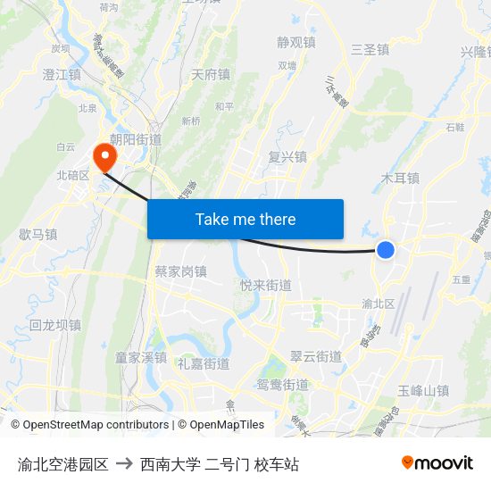 渝北空港园区 to 西南大学 二号门 校车站 map