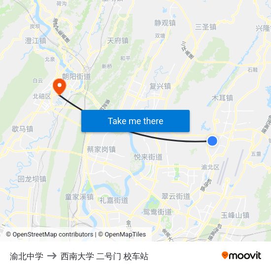 渝北中学 to 西南大学 二号门 校车站 map
