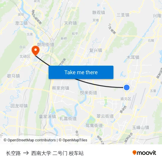 长空路 to 西南大学 二号门 校车站 map