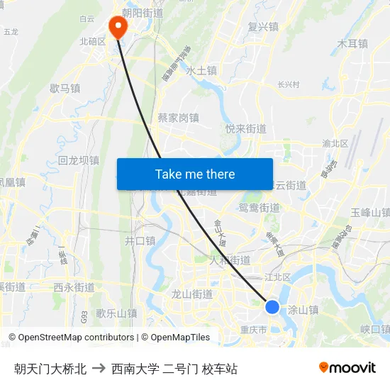 朝天门大桥北 to 西南大学 二号门 校车站 map