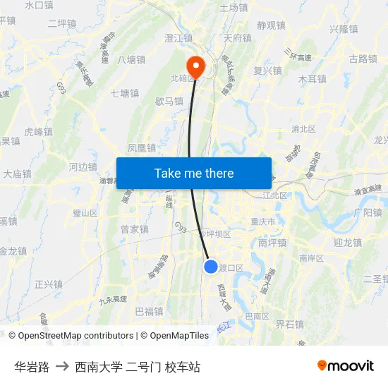 华岩路 to 西南大学 二号门 校车站 map