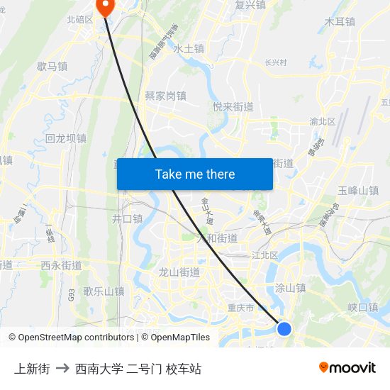 上新街 to 西南大学 二号门 校车站 map