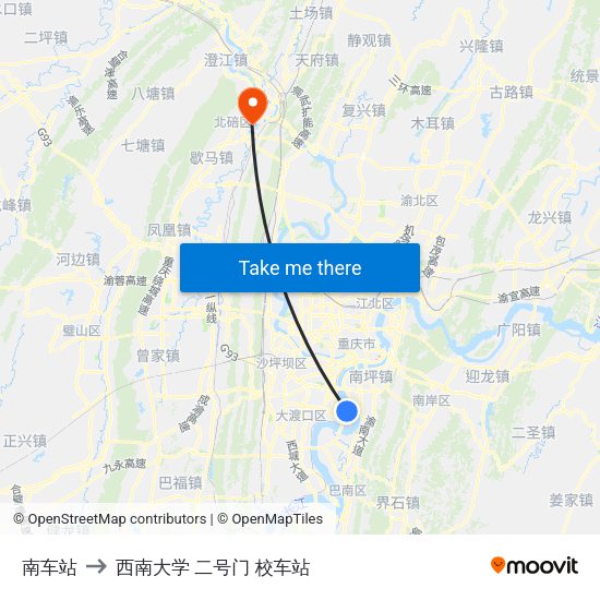 南车站 to 西南大学 二号门 校车站 map