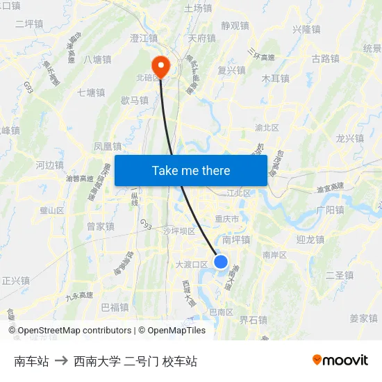 南车站 to 西南大学 二号门 校车站 map
