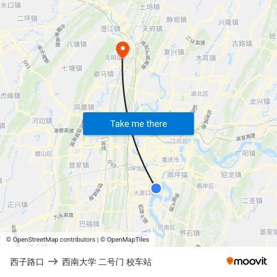 西子路口 to 西南大学 二号门 校车站 map
