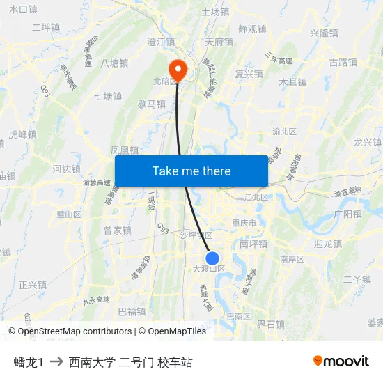 蟠龙1 to 西南大学 二号门 校车站 map