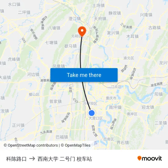 科陈路口 to 西南大学 二号门 校车站 map