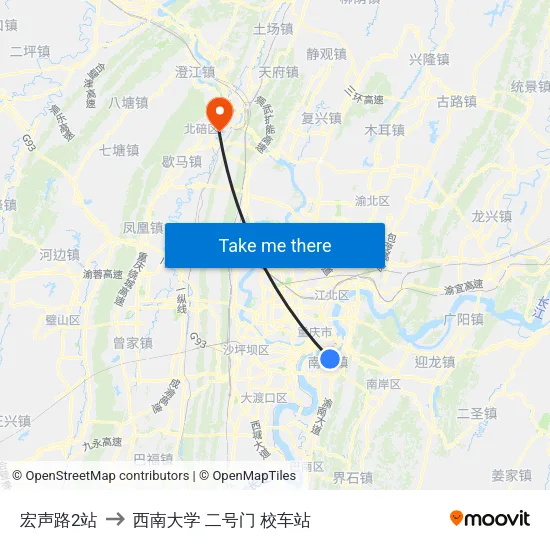 宏声路2站 to 西南大学 二号门 校车站 map