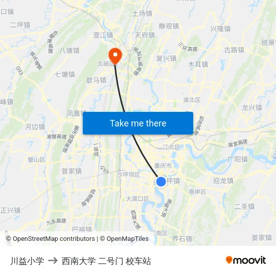 川益小学 to 西南大学 二号门 校车站 map