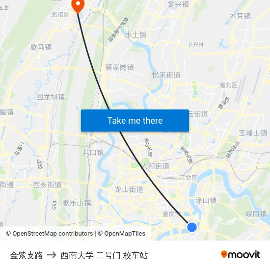 金紫支路 to 西南大学 二号门 校车站 map