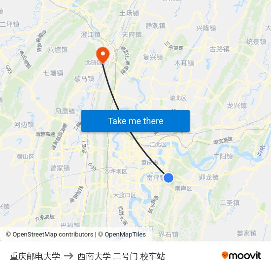 重庆邮电大学 to 西南大学 二号门 校车站 map