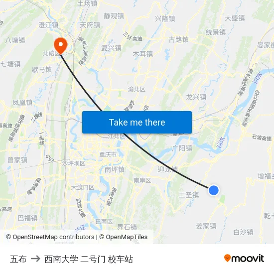 五布 to 西南大学 二号门 校车站 map