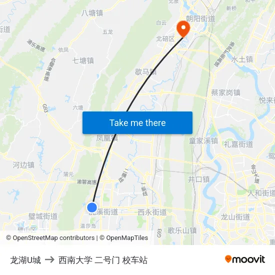 龙湖U城 to 西南大学 二号门 校车站 map