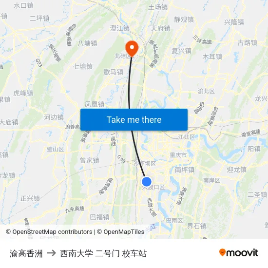 渝高香洲 to 西南大学 二号门 校车站 map