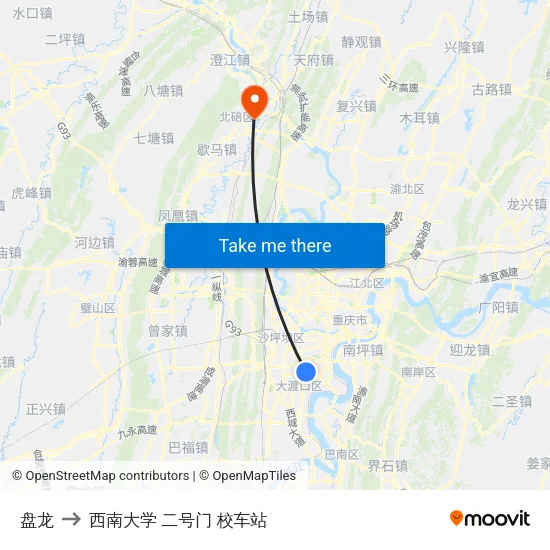 盘龙 to 西南大学 二号门 校车站 map