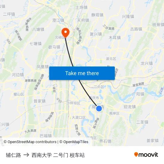 辅仁路 to 西南大学 二号门 校车站 map
