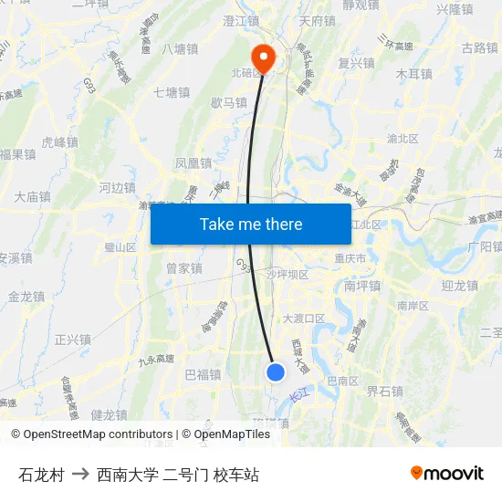 石龙村 to 西南大学 二号门 校车站 map