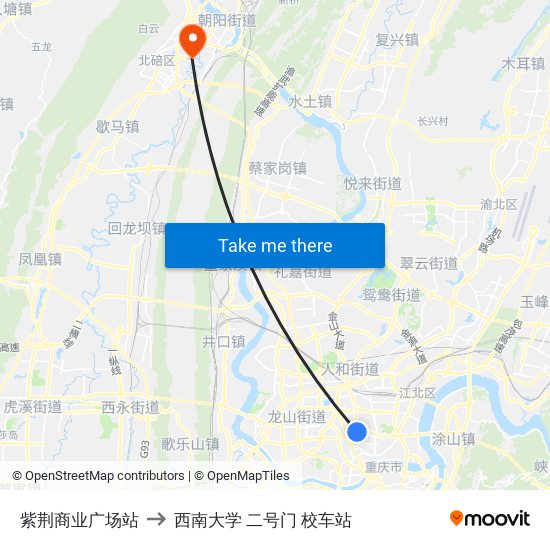 紫荆商业广场站 to 西南大学 二号门 校车站 map