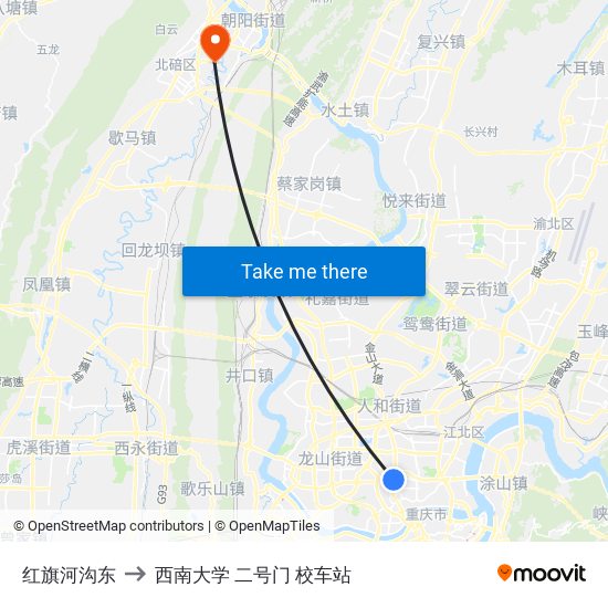 红旗河沟东 to 西南大学 二号门 校车站 map