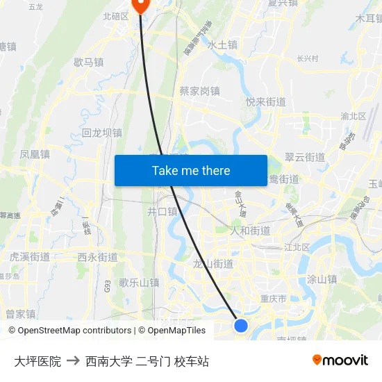 大坪医院 to 西南大学 二号门 校车站 map